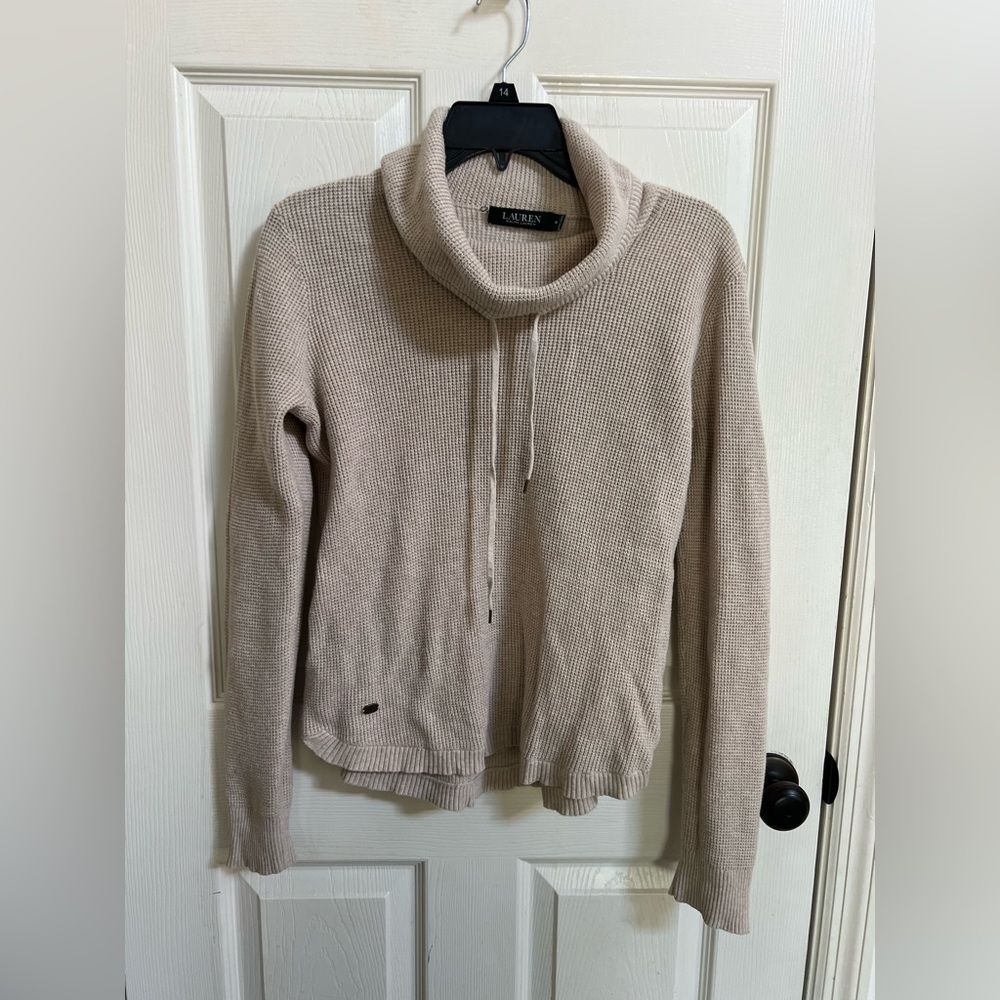Lauren Ralph Lauren Women's Beige Cowl Neck Sweater, waffle knit, minimalist